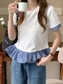 DAZY 女款格紋拼接圓領短袖短版T恤，休閒可愛夏季校園風 - 白色 - 查看 6