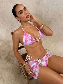 Glamine SHEIN Glamour 女士夏季沙滩印花露背系带性感比基尼套装，含罩衫和裙子 - 粉色 - 查看 3