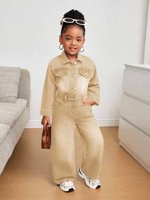 SHEIN 女童蓝色牛仔衬衫式宽松连体裤 - 卡其色 - 查看 4