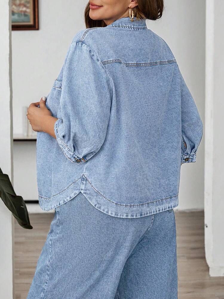 Mature Denim Plus Size Women's Casual Single-Breasted Denim Jacket With Pockets, 3/4 Sleeve - Light Wash - View 2