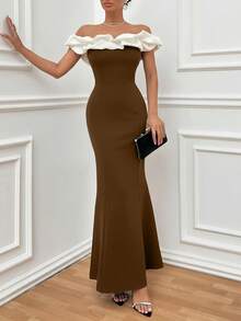 EURMUSE Vestido ajustado con hombros descubiertos y volantes en dos tonos, vestido elegante - Marrón - Ver 7