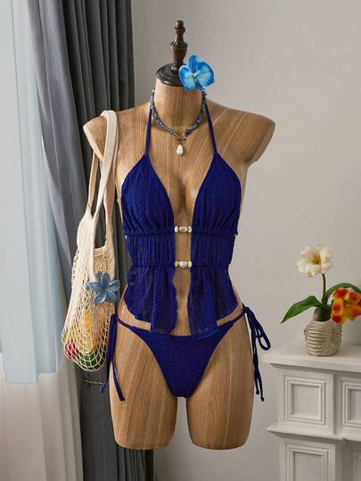  Bellisia Women's Floral Lace Mesh Beaded Halter Neck Contrast Color Tie Side Tankini Swimsuit Set, Suitable For Spring/Summer Vacation