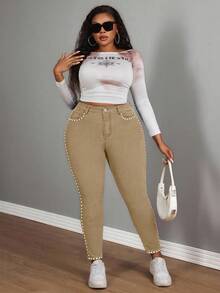 Slaydiva Plus Size Women Cowgirl Style Elastic Waist Blue Punk Jeans With Side Rivet Details, Autumn - Khaki - View 5