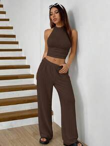 SHEIN EZwear Women's Solid Color Cropped Halter Neck Tank Top And Wide Leg Pants Casual Suit Tall Two Piece Set Brown Ribbed Comfortable - Brown - View 3