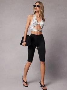 SHEIN Haute Women's Fashionable Sexy Polka Dot Print Twist Hollow Backless Halter Top, Summer - White - View 3