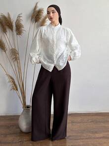 DAZY 纹理面料休闲宽松女式立领衬衫 - 白色 - 查看 3