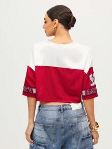 MTV | SHEIN Women's Summer Street Patchwork Mesh Letter Graphic Cropped Drop Shoulder T-Shirt - Red and White - View 3