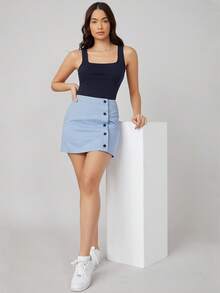 SHEIN BASICS Top de tirantes de cuello cuadrado de color liso - azul real - Ver 5
