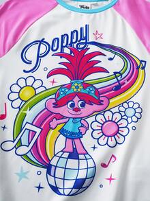 SHEIN Trolls Tween Girl Funny Cartoon Letter Graphic Colorblock Raglan Short Sleeve T-Shirt And Striped Pants Pajama Set - وردي - مشاهدة 6