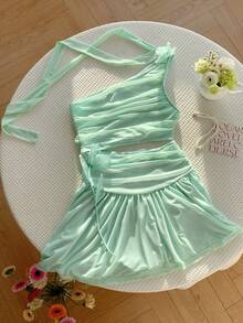 Comfortcana 女士优雅纯色3D立体花卉装饰无袖露脐中长连衣裙，夏季 - 淺綠色 - 查看 4