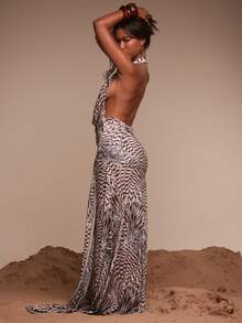 MUSERA 网纱印花露背吊带深V领垂褶裹身宽松长款连衣裙罩衫泳装度假夏季旅行沙滩装 Terra Sol 长裙 - 彩色 - 查看 3