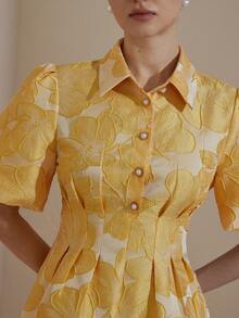 Aveloria Rosie Elegant Sweet Puff Sleeve Jacquard Cutout Waist Pleated Mini Dress - Yellow - View 2