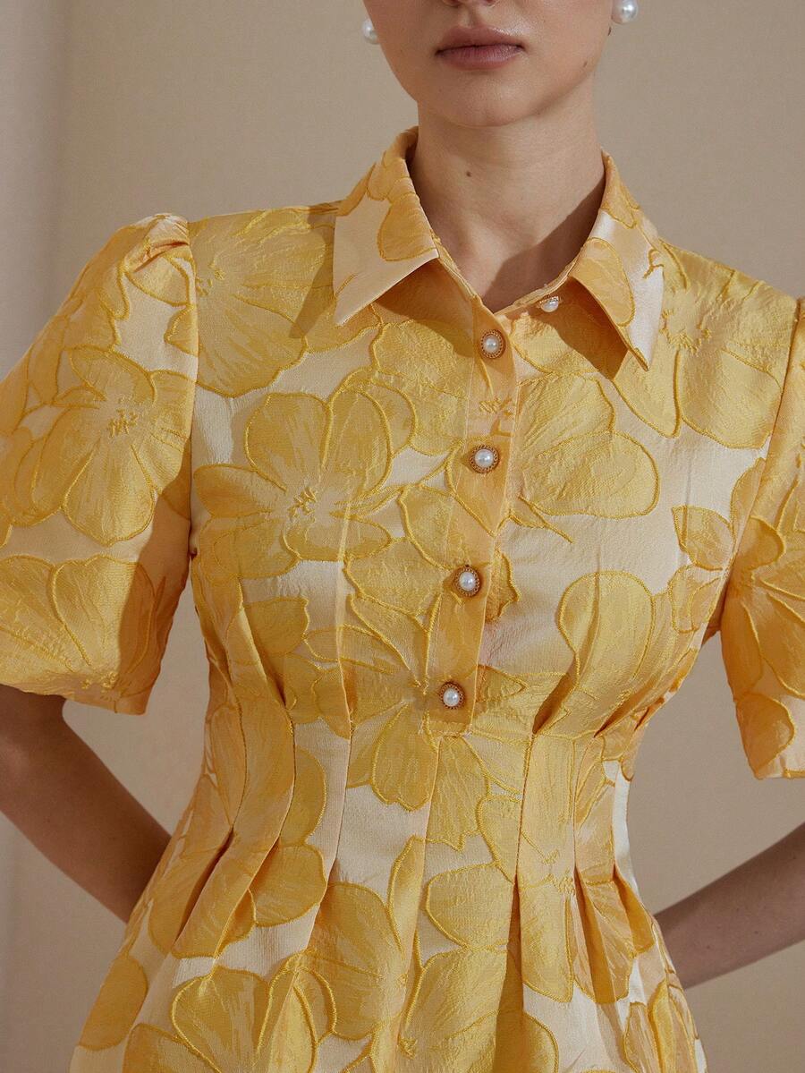 Aveloria Rosie Elegant Sweet Puff Sleeve Jacquard Cutout Waist Pleated Mini Dress - Yellow - View 1