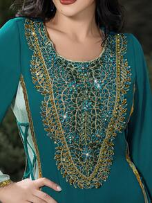 Layrah Chiffon Contrast Color Handmade Rhinestone Decorated Arabian Robe With Headscarf Formal Elegant Party Uxury Evening Dresses Wedding Party Dress Turquoise Teal Dresses For Women - Multicolor - View 4