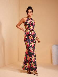 JIAN LASALA Multicolor Tropical Floral Print Halter Sleeveless Backless Long Dress Women Summer Elegant - Multicolor - View 4