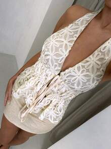 Glamine Women's Elegant Sexy Vacation Style Halter Drawstring Embroidered Floral 2026 New Camisole - Apricot - View 5