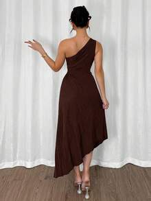 Modelyn Women's Solid Color Asymmetric Hem Sleeveless Elegant Mid-Length Dress - Brown - View 2