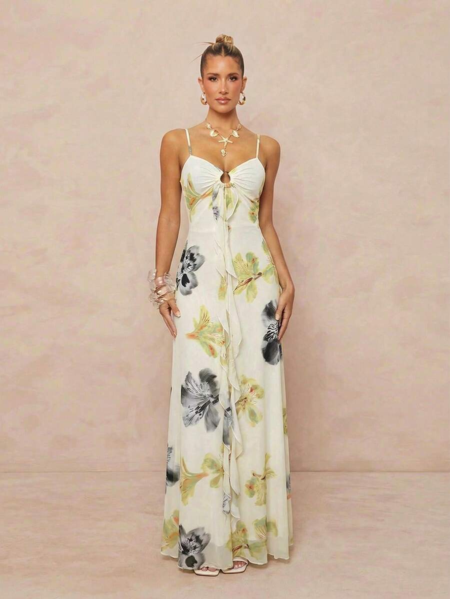 Lumalex Đầm hai dây họa tiết hoa, viền bèo nhún, phối nhiều mảnh dành cho nữ, thích hợp cho các buổi tiệc, đám cưới, mùa xuân/hè.