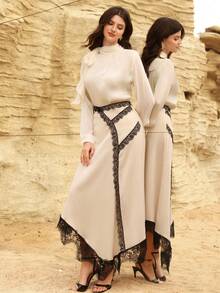 Modelyn Women's Apricot Woven Lace Trim Hem Elegant A-Line Skirt, Spring/Summer - Apricot - View 7