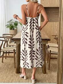 Selamara 女士度假植物印花口袋休闲无袖中长连衣裙 - 米色 - 查看 2