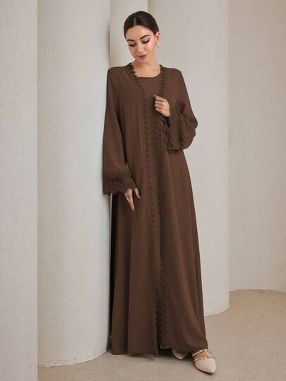 Graceveil 2pcs Women Traditional Long Dress & Abaya Coat Set Modest