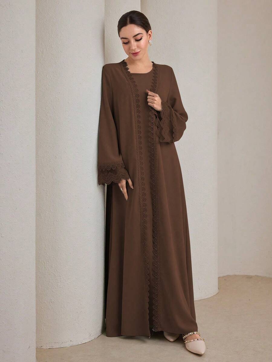 Graceveil 2pcs Women Traditional Long Dress & Abaya Coat Set Modest - Coffee Brown - View 1