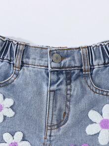 SHEIN 2026夏季新款浅蓝色水洗Y2K甜美风重工刺绣宽松阔腿休闲牛仔短裤，美式复古多巴胺夏季度假装 - 淺色水洗藍 - 查看 5