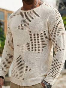 Manfinity RSRT 男士纯色圆领长袖镂空休闲套头毛衣 - 杏色 - 查看 1