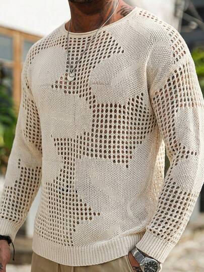 Manfinity RSRT Men's Solid Color Crew Neck Long Sleeve Hollow Out Casual Pullover Sweater Valentine's Day Gifts