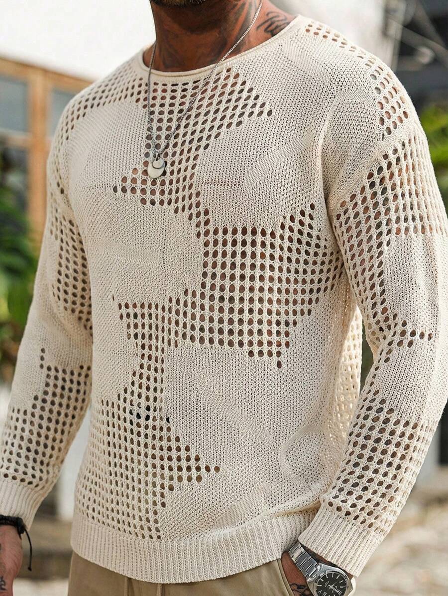 Manfinity RSRT 男士纯色圆领长袖镂空休闲套头毛衣 - 杏色 - 查看 1