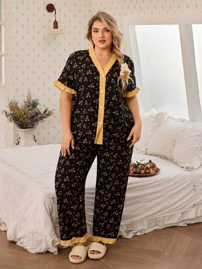 Women's Floral Print Patchwork Plus Size Short Sleeve Pajama Set, Romantic Countryside Style, Suitable For Spring/Summer Plus Size Pajama Set Sleep Wear Women 2 Piece Set