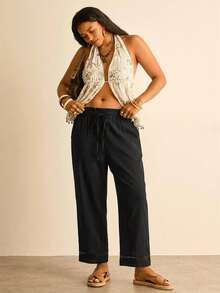 Freevana Plus Size Women's Solid Color Waist Tie Straight Leg Casual Pants - Black - View 3