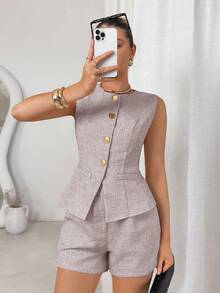 Lavishia 女士优雅无袖圆领装饰纽扣上衣和短裤两件套 - 粉色 - 查看 8