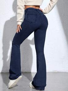 Jeanoix Women's High Waist Pockets Casual Versatile Flare Leg Jeans - Navy Blue - View 2