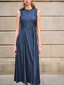 Lumivelle 无袖牛仔效果弹力面料中长A字连衣裙，收腰显瘦，梭织弹力面料，不束缚，复古深蓝色优雅通勤日常百搭连衣裙 - 藍色 - 查看 6