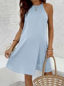 SHEIN Vestido casual de diario de unicolor con cuello halter para maternidad - Celeste - Ver 6