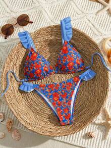 Swim Mod Plus Size New Summer Vacation Beach Holiday Sweet Ruffle Floral Print Contrast Color Blue Boho Butterfly Design 2 Pieces Set Swimwear Bikini For Women - Multicolor - View 7
