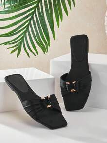 SHUZIA Glamorous Ladies' Black Slip-On Sandal Square Toe Sexy Cute Holiday Spring Summer Holiday Valentine Vacation Shoes - Black - View 7