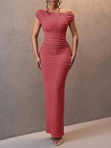 Slaydiva 春夏新款休闲百搭度假邮轮旅行海滩日光浴绿色优雅性感单肩条纹面料女装 - 藕粉色 - 查看 4