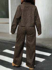 DAZY Women's Casual Collared Crop Top And Loose Fit Jeans Set - Brown - View 2