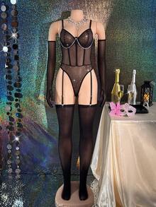 MidnightGlam 5件套闪亮网纱连体裤，金属链条装饰，性感女式连体裤套装 - 黑色 - 查看 9