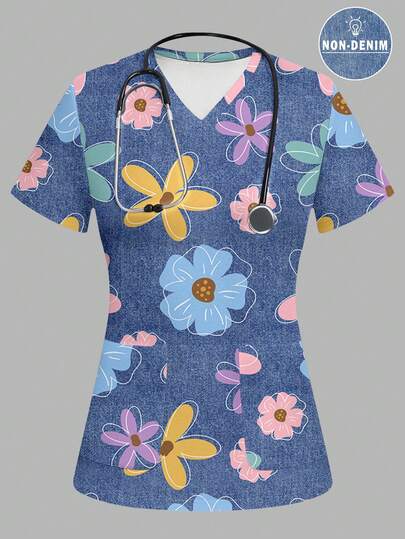 PopScrub 女士印花V领短袖口袋工作服上衣