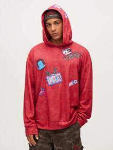 MTV | SHEIN 男士休闲街头印花宽松落肩连帽衫，适合日常通勤，春秋季穿着 - 玫紅色 - 查看 6