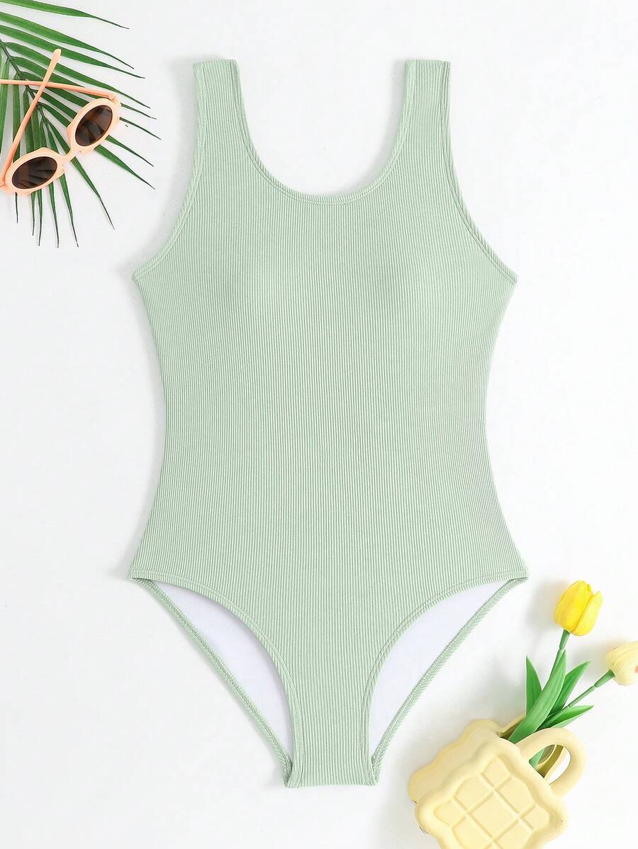 SHEIN 青少年女孩極簡主義羅紋 1 件式泳衣,鼠尾草綠,夏季休閒海灘度假風,灰藍色泳裝 - 杏色 - 查看 1