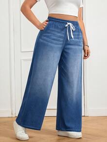 SHEIN CURVE+ 大码女式抽绳腰阔腿宽松休闲百搭牛仔裤 - 藍色 - 查看 4