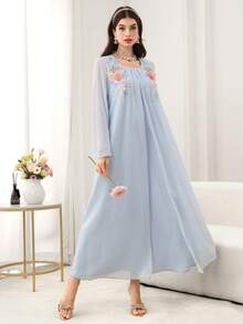 Yasmyna 3D Beaded Collar Floral 2 In 1 Blue Arabic Maxi Dress - Blue - View 7