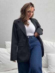 Jeta Ari 女士条纹印花休闲长袖西装外套复古风格商务休闲女装秋装 - 灰色 - 查看 6