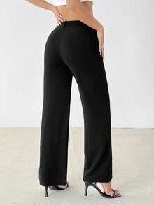 SHEIN PETITE Women's Casual Commuting Solid Straight Pants - Black - View 2