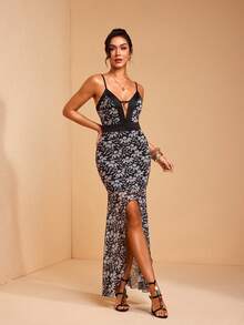 JIAN LASALA All-Over Print Mesh Spaghetti Straps Deep Neckline Contrast Binding Bodycon Mullet Women Dress - Multicolor - View 5