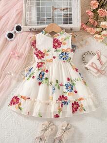 Souflis Souflis 1pc Baby Girls' Summer New Ruffled Collar Flutter Sleeve Back Zipper Elastic Waist Chiffon Embroidered Fabric Simple Versatile Cute Retro Vacation Elegant Princess Dress - Multicolor - View 2